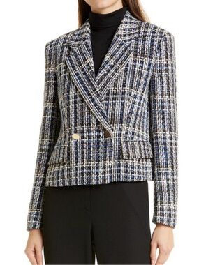 Hugo Boss Tweed Blazer Gold Button Jacket Blue Black White 14 Preppy Business